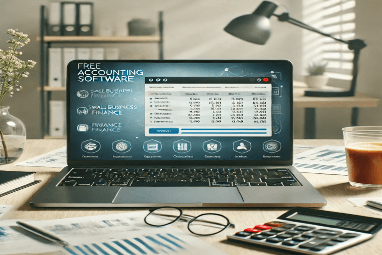 Modern workspace with a laptop displaying free accounting software, featuring financial documents, a calculator, and a coffee cup for business finance management.