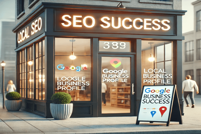 Local SEO success for small business with a storefront, Google Business Profile sticker, and a welcoming atmosphere in a busy cityscape.