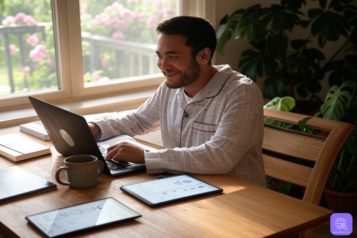 Photorealistic cozy home office for digital entrepreneurship, with a person in pajamas using a laptop and tech tools, showcasing small business trends in 2025.