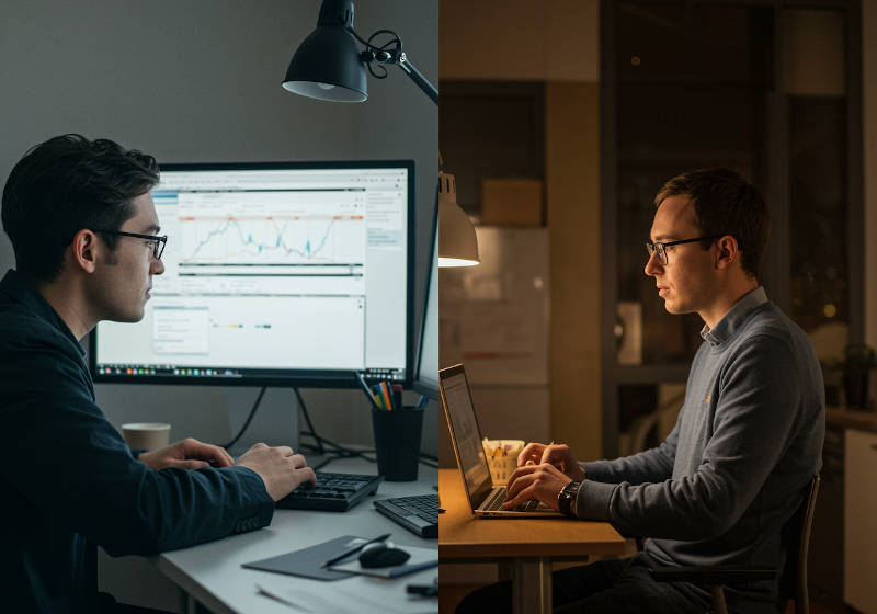 What’s a Side Hustle and How It Can Transform Your Life in 2025 3 Person balancing day job and freelance work, explaining what is a side hustle in 2025.