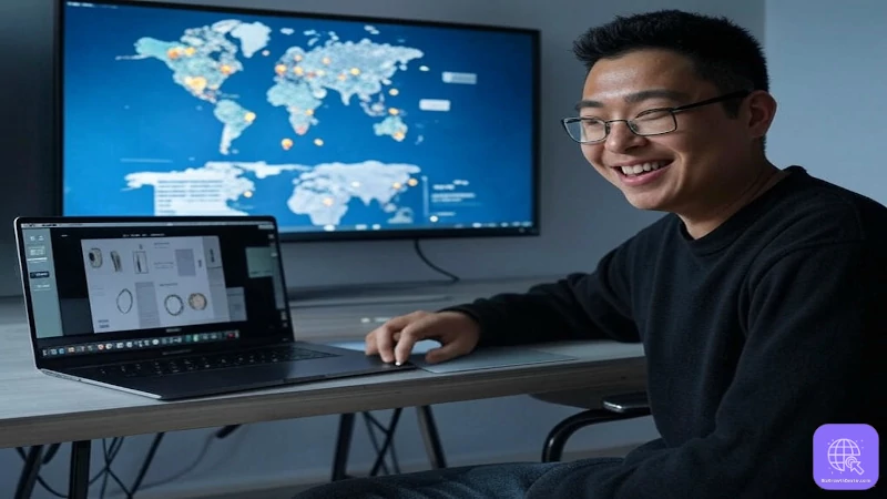 The Homepreneur Revolution in 2025 - Embrace Your Pajamas, Embrace Success 3 Photorealistic global e-commerce setup for 2025, showing a laptop with an online store and global map, highlighting digital entrepreneurship trends.