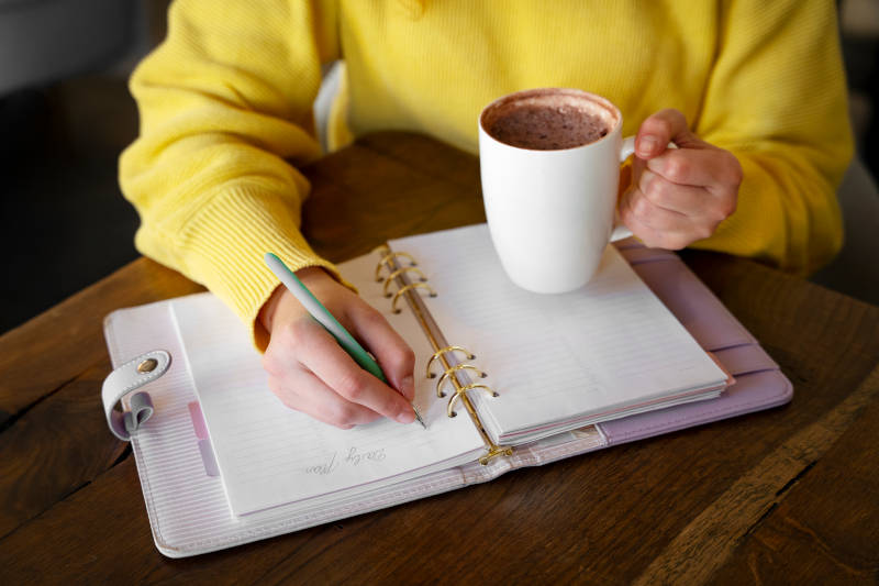 Person listing hobbies to find what side hustle is best for you in 2025.